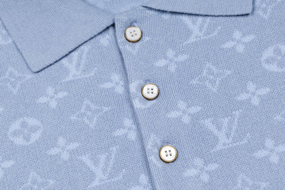 260610 New top-quality light blue full-patterned textured jacquard knitted Polo shirt