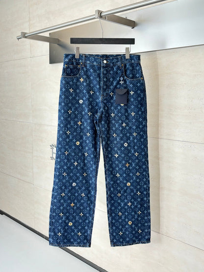 260624 High-quality new full-embroidered daisy-patterned denim pants