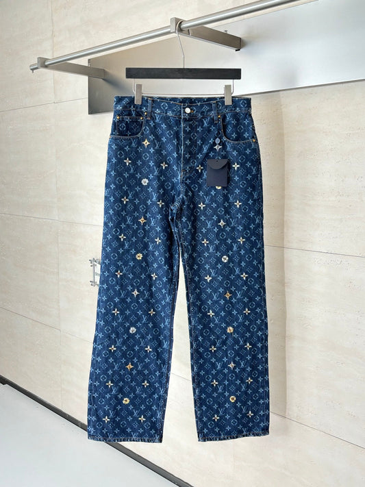260624 High-quality new full-embroidered daisy-patterned denim pants