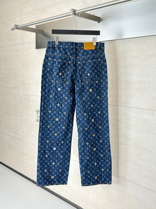 260624 High-quality new full-embroidered daisy-patterned denim pants