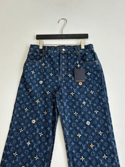 260624 High-quality new full-embroidered daisy-patterned denim pants