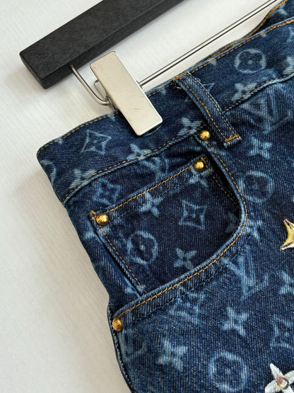 260624 High-quality new full-embroidered daisy-patterned denim pants