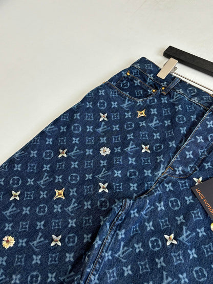 260624 High-quality new full-embroidered daisy-patterned denim pants