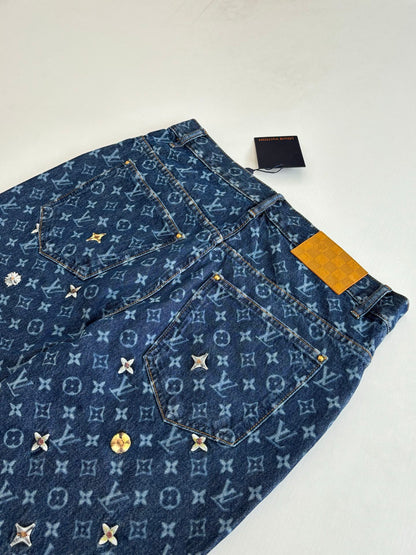 260624 High-quality new full-embroidered daisy-patterned denim pants