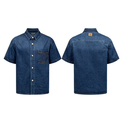 260624 High-quality new embroidered denim short-sleeved shirt set