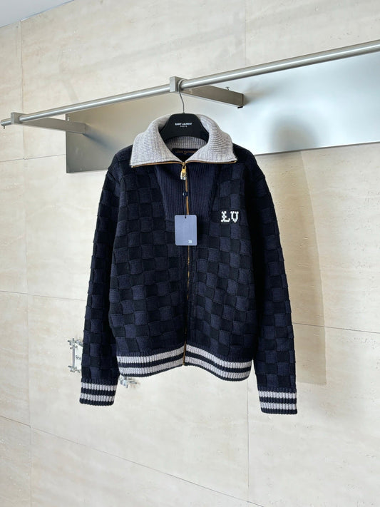 260701 High-quality new check-patterned textured jacquard sweater knitted with zipper jacket
