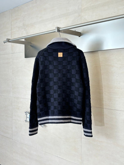 260701 High-quality new check-patterned textured jacquard sweater knitted with zipper jacket