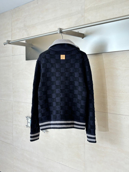 260701 High-quality new check-patterned textured jacquard sweater knitted with zipper jacket