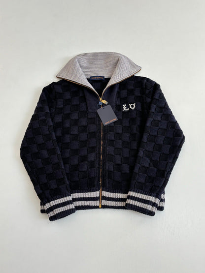 260701 High-quality new check-patterned textured jacquard sweater knitted with zipper jacket