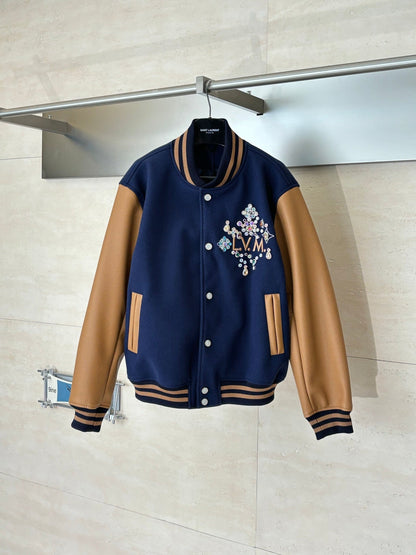 260701 High-quality new handmade beaded and rhinestone-studded leather baseball jacket