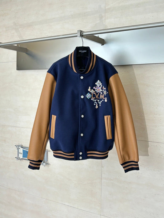 260701 High-quality new handmade beaded and rhinestone-studded leather baseball jacket