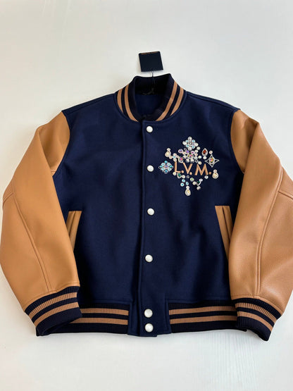 260701 High-quality new handmade beaded and rhinestone-studded leather baseball jacket