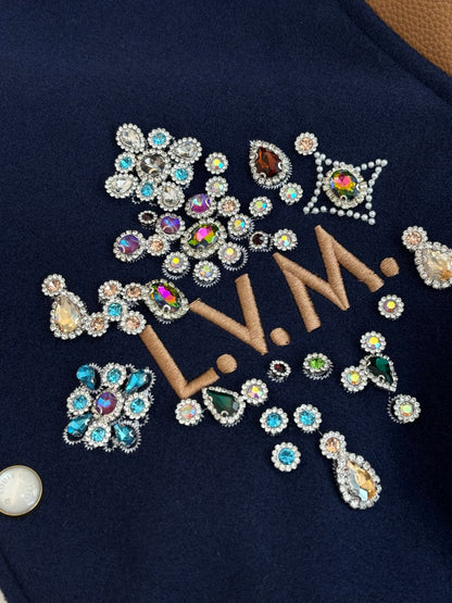260701 High-quality new handmade beaded and rhinestone-studded leather baseball jacket