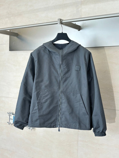 260701 High-quality new model cement gray double-sided windproof leather label checkered jacquard zipper jacket coat