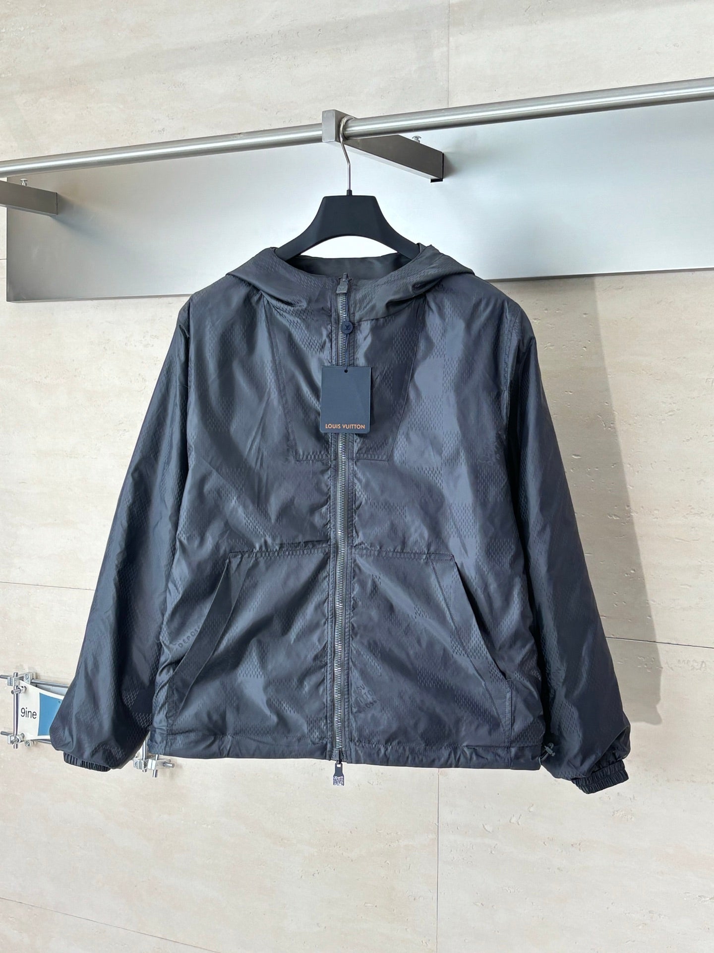 260701 High-quality new model cement gray double-sided windproof leather label checkered jacquard zipper jacket coat