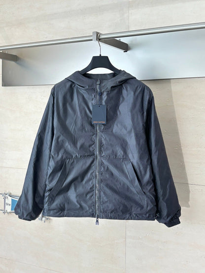 260701 High-quality new model cement gray double-sided windproof leather label checkered jacquard zipper jacket coat