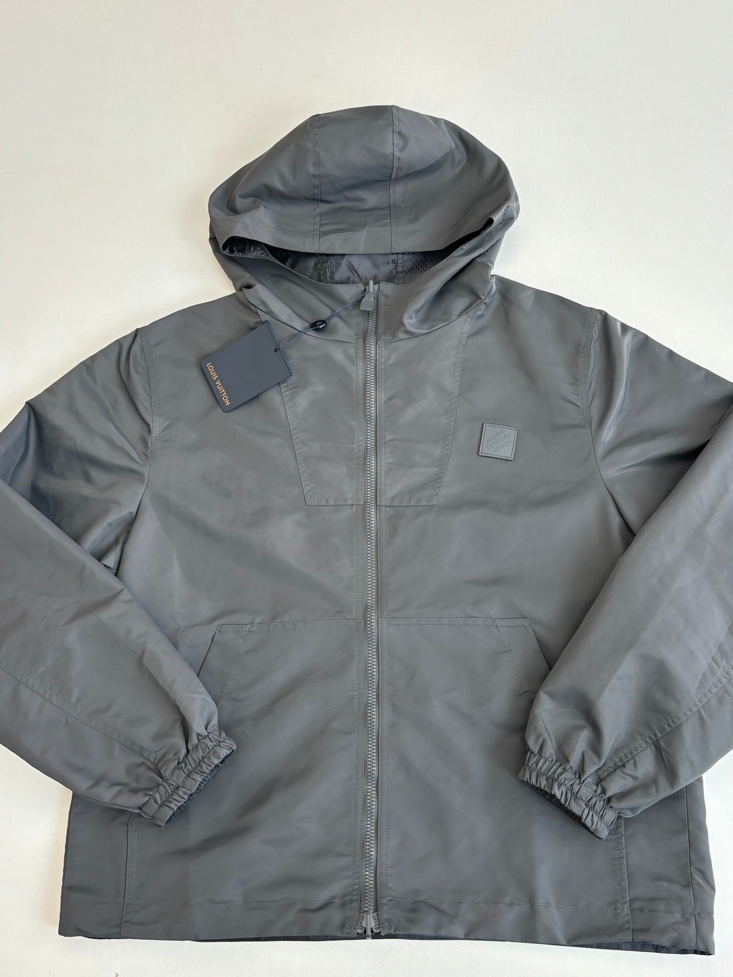 260701 High-quality new model cement gray double-sided windproof leather label checkered jacquard zipper jacket coat
