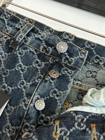 260701 High-quality new full-print jacquard denim long pants set