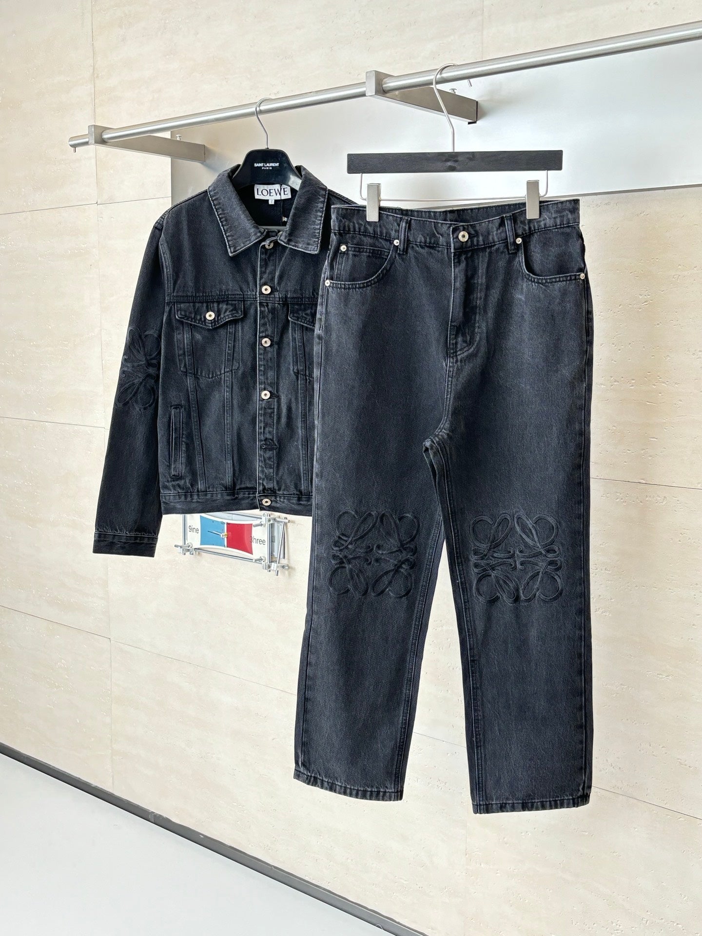 260701 High-quality new embroidered washed-aged denim long pants set