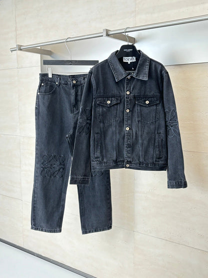 260701 High-quality new embroidered washed-aged denim jacket set