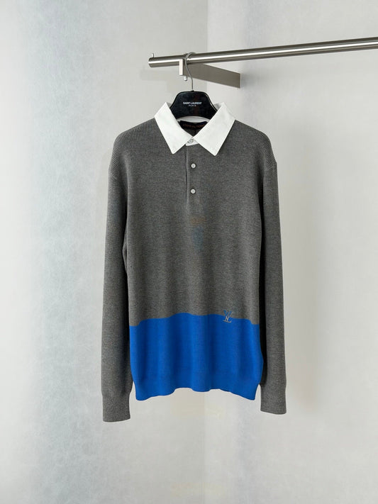260708 High-quality new style patchwork color-blocking v-neck knitted long-sleeved Polo shirt
