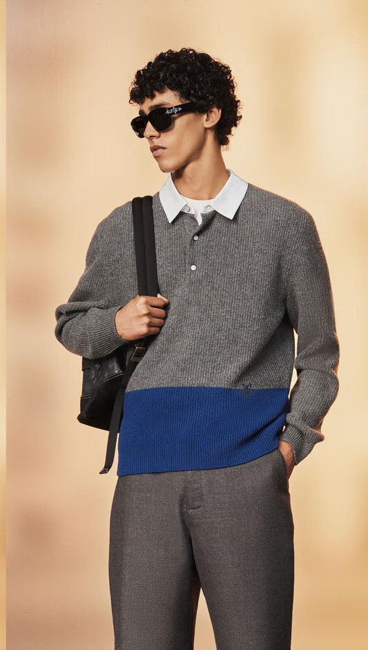 260708 High-quality new style patchwork color-blocking v-neck knitted long-sleeved Polo shirt