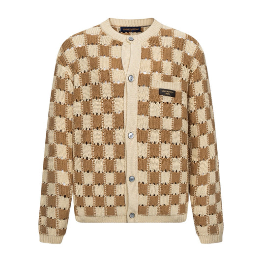 260724 New high-quality brown and white checkered open-weave knitted cardigan