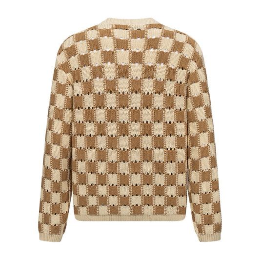 260724 New high-quality brown and white checkered open-weave knitted cardigan