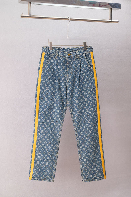 260730 New high-quality pure cotton pleated printed side-stripe denim pants
