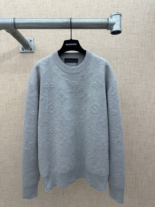 260808 New high-quality grey textured jacquard knitted pullover shirt