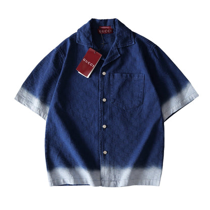 260813 New high-quality double-G textured jacquard gradient short-sleeved denim