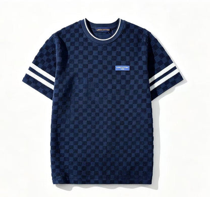 260813 New high-quality color-blocked checkered knitted short-sleeved shirt