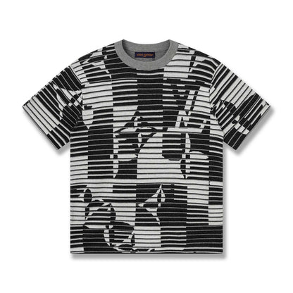 260813 New high-quality optical illusion old-age wrinkled striped knitted short-sleeved shirt