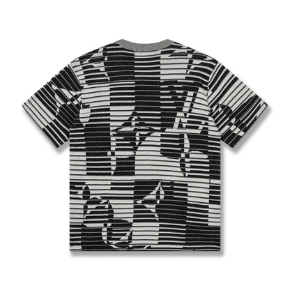 260813 New high-quality optical illusion old-age wrinkled striped knitted short-sleeved shirt
