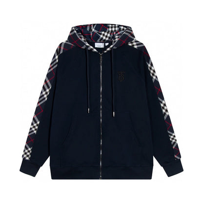 260813 New high-quality quilted checkered embroidered letter zipper pullover hooded hoodie