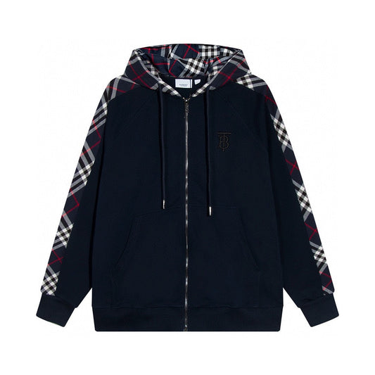 260813 New high-quality quilted checkered embroidered letter zipper pullover hooded hoodie