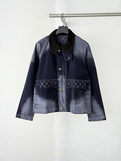 260813 New high-quality gradient distressed corduroy collar fleece denim workwear jacket