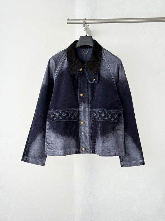 260813 New high-quality gradient distressed corduroy collar fleece denim workwear jacket