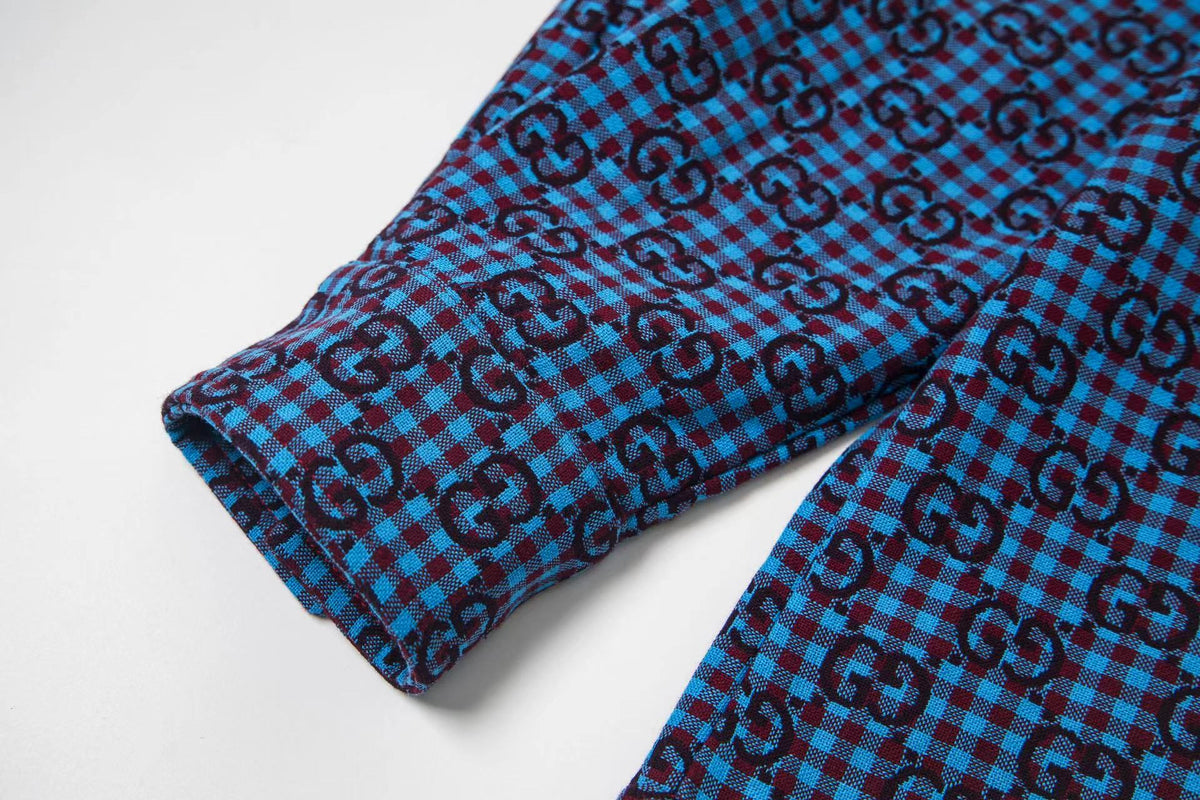 260813 New high-quality fine-check long-sleeved collar shirt