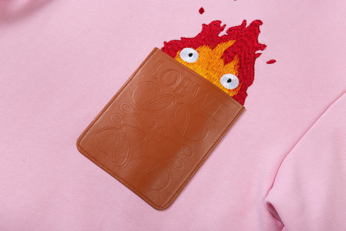 260826 New high-quality flame embroidery logo leather pouch hooded hoodie
