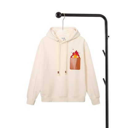 260826 New high-quality flame embroidery logo leather pouch hooded hoodie
