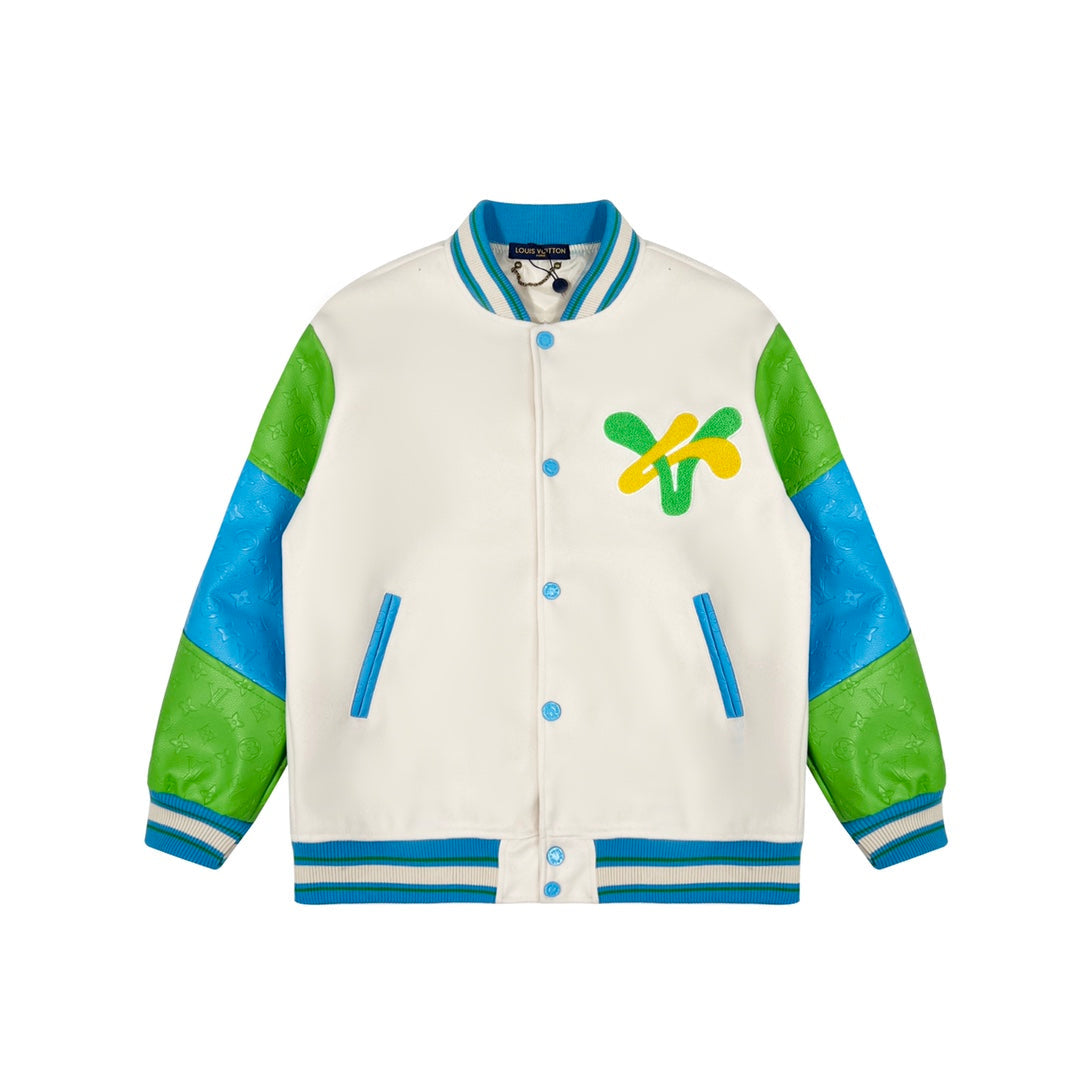 260826 New high-quality embroidered multi-color leather sleeve baseball jacket