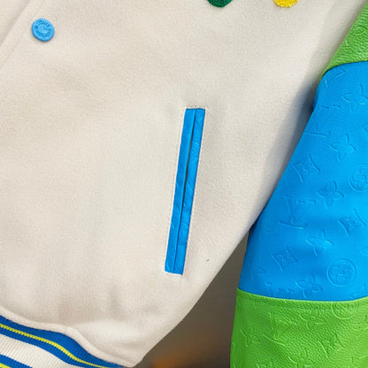 260826 New high-quality embroidered multi-color leather sleeve baseball jacket