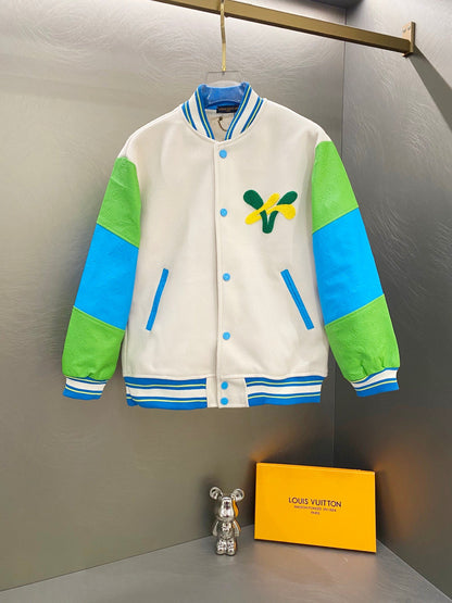 260826 New high-quality embroidered multi-color leather sleeve baseball jacket