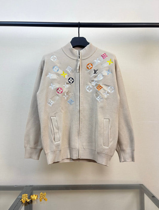 260826 New high-quality multi-color needle-punched embroidered knitted wool zipper cardigan
