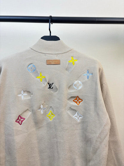 260826 New high-quality multi-color needle-punched embroidered knitted wool zipper cardigan