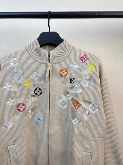 260826 New high-quality multi-color needle-punched embroidered knitted wool zipper cardigan