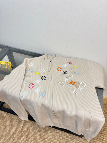260826 New high-quality multi-color needle-punched embroidered knitted wool zipper cardigan