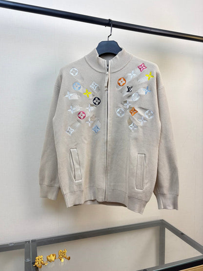 260826 New high-quality multi-color needle-punched embroidered knitted wool zipper cardigan