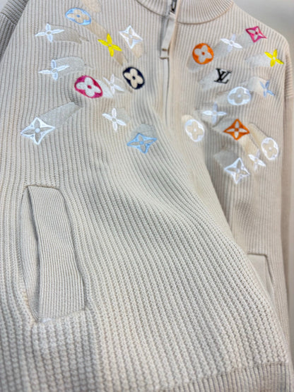 260826 New high-quality multi-color needle-punched embroidered knitted wool zipper cardigan